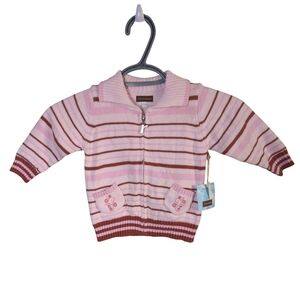 NWT Rabbit Moon Striped Pink/Brown Embroidered Knit‎ Full Zip Cardigan Sz 12-18m